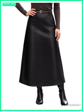 Faux Leather Midi Skirt High Waisted A-Line Back Slit